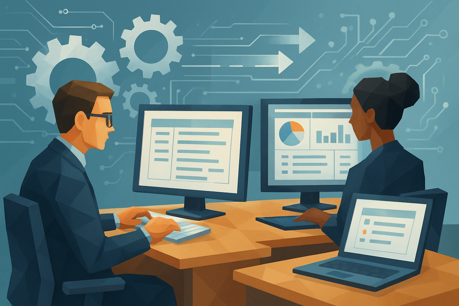 Healthcare administrators not doctors or nurses at desks using automated digital workflows with provider data flowing seamlessly into structured forms and dashboards Abstract gears and circuits to symbolize automation and speed