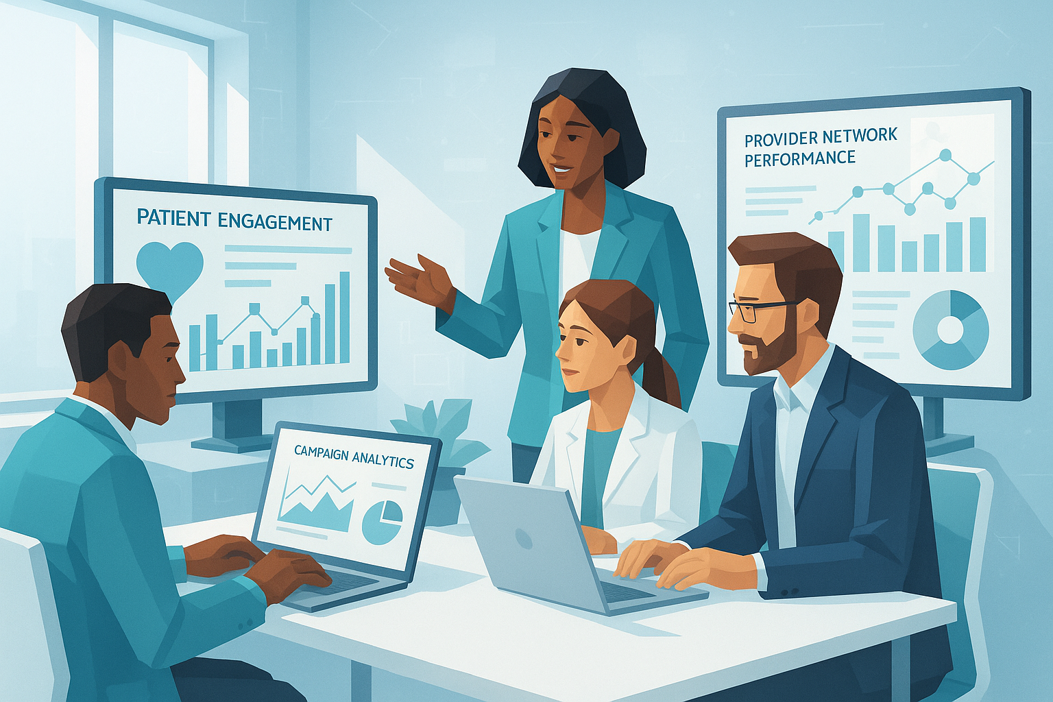 Healthcare digital and marketing team collaborating around multiple screens showing patient engagement dashboards campaign analytics and provider network performance Modern office bright clean style subtle tech overlays blue and teal accents professi-2
